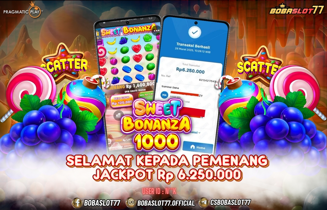 Selamat kepada user id : N**K Wede Rp 6.250.000 di Game SWEET BONANZA 1000 PRAGMATIC PLAY Cair Gk Sampe 1 Menit! Menang Mudah di Bobaslot77